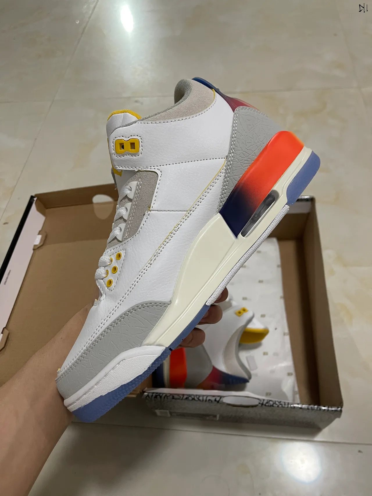 Air Jordan 3 White Gray Yellow Orange Navy Basketball Shoes 5