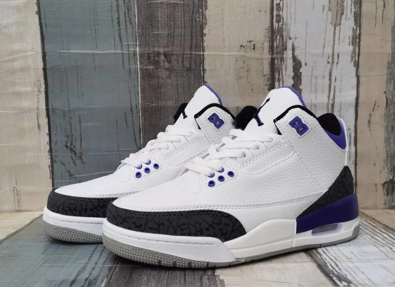 Air Jordan 3 White Purple Black Basketball Shoes 5