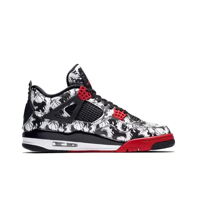 Air Jordan 4 Impression Florale Noir Rouge Chaussures de Basketball 6