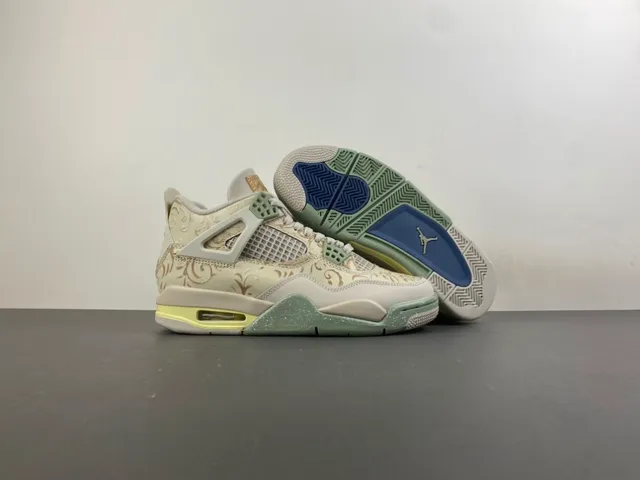 Air Jordan 4 Ornamental Gold and Mint Green Basketball Shoes 12