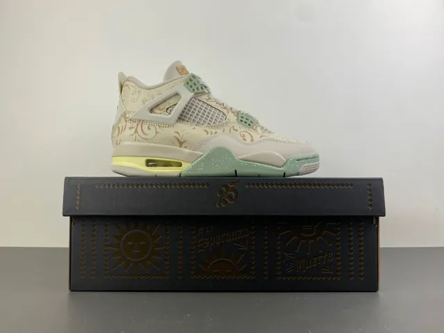 Air Jordan 4 Ornamental Gold and Mint Green Basketball Shoes 15