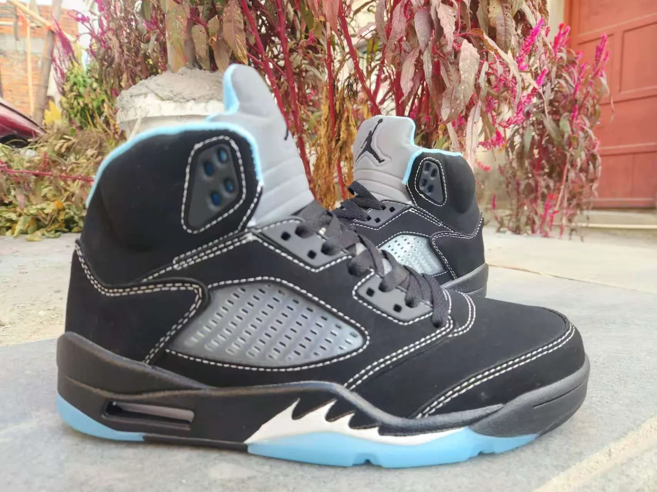 Air Jordan 5 Black Light Blue Suede Basketball Shoes 2
