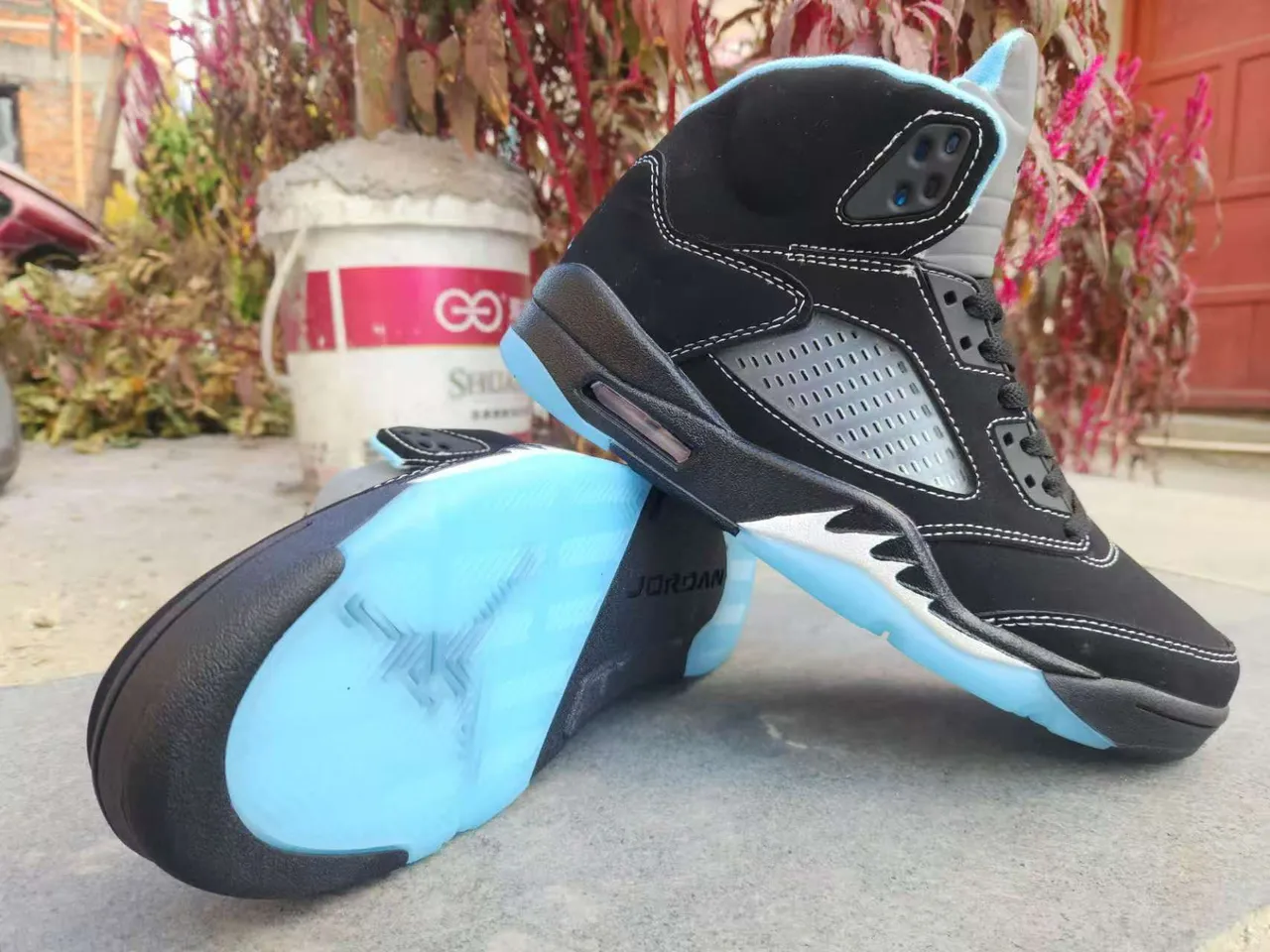 Air Jordan 5 Black Light Blue Suede Basketball Shoes 4