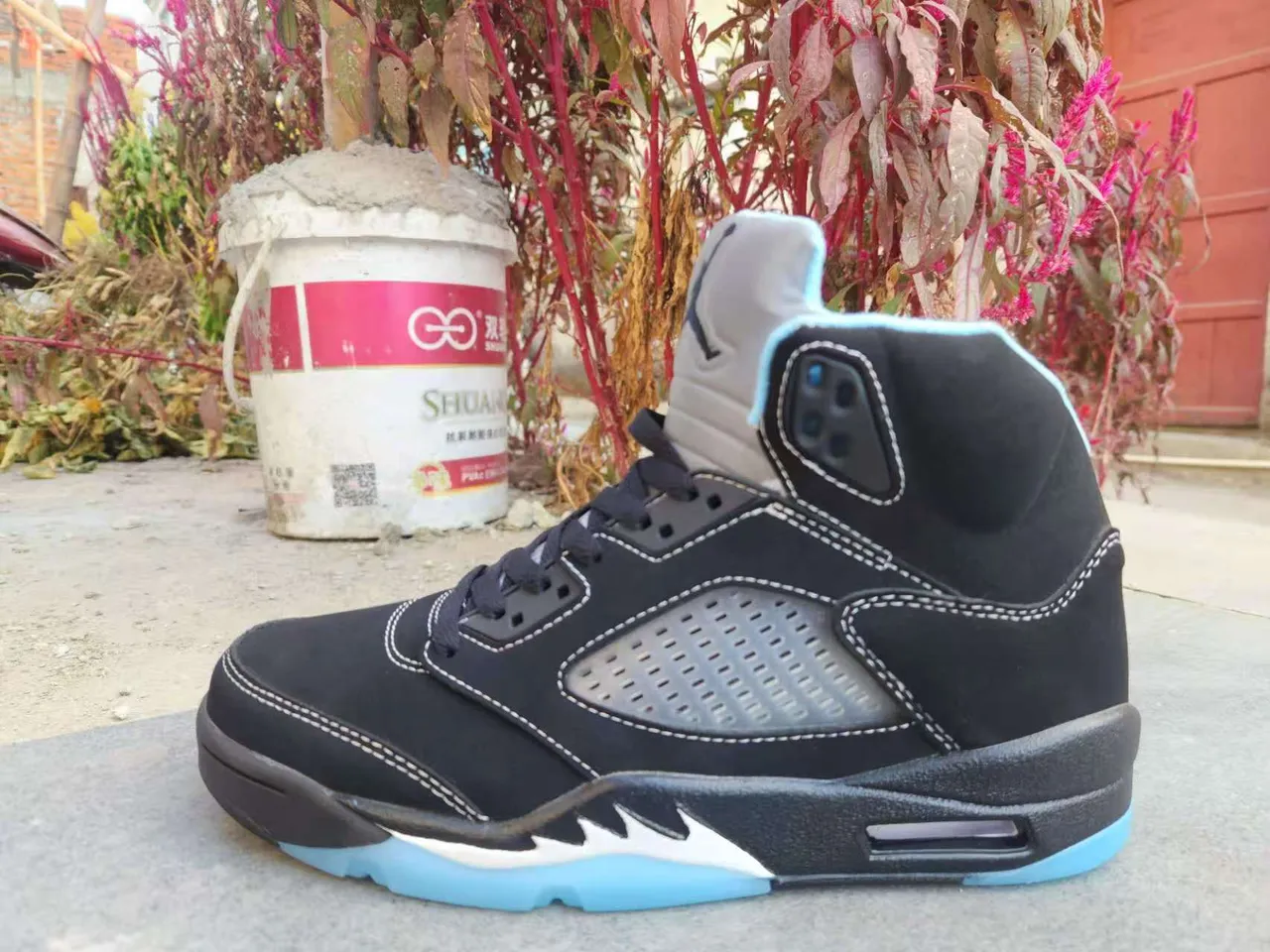 Air Jordan 5 Black Light Blue Suede Basketball Shoes 5
