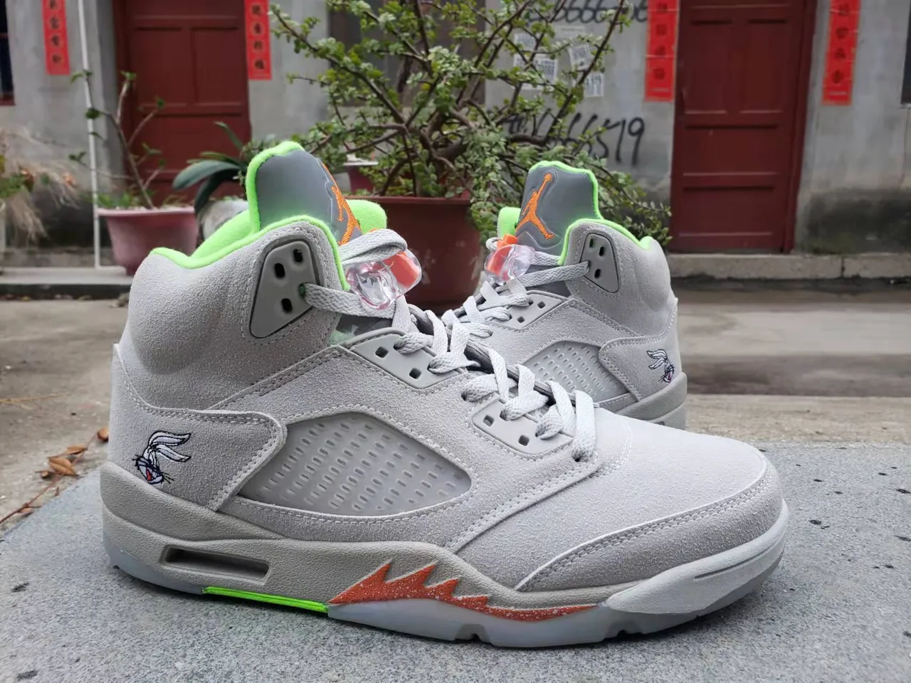 Air Jordan 5 Gray Neon Green Orange Flame Basketball Shoes 2