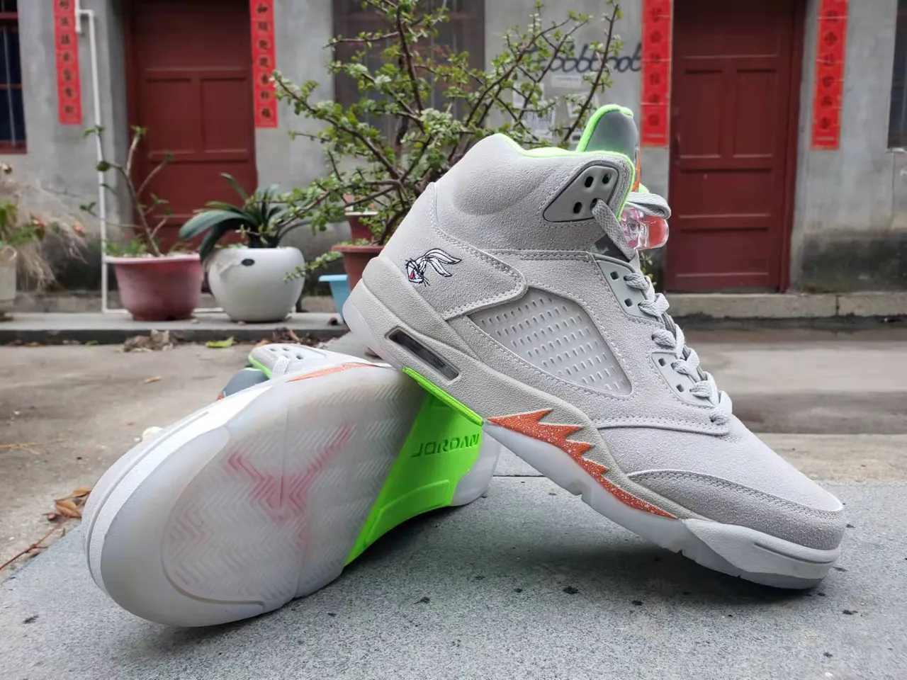 Air Jordan 5 Gray Neon Green Orange Flame Basketball Shoes 3