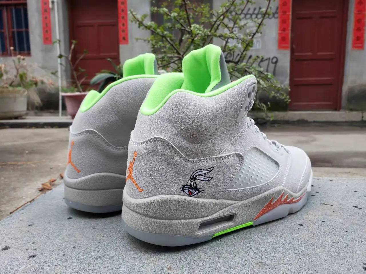 Air Jordan 5 Gray Neon Green Orange Flame Basketball Shoes 4