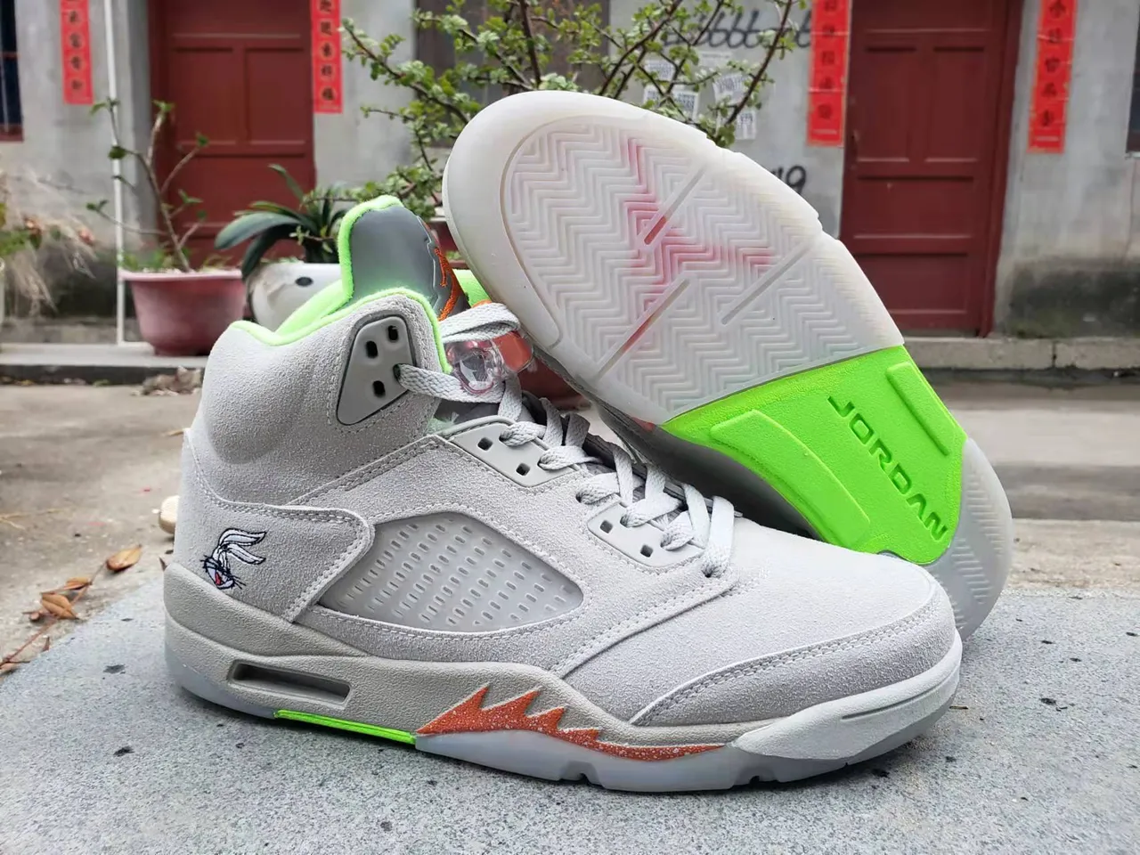 Air Jordan 5 Gray Neon Green Orange Flame Basketball Shoes 5