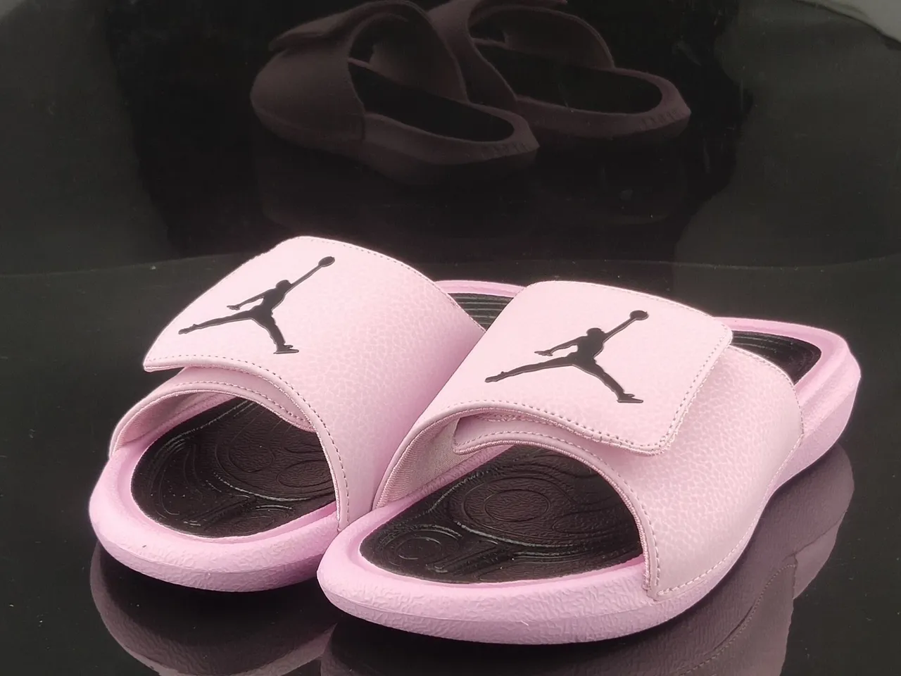 Air Jordan Pink Black Pebbled Leather-Like Upper Molded Footbed Slippers 2