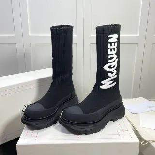 Alexander McQueen Black White Knit Sock-Top Logo-Integrated Knee Boots