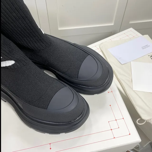 Alexander McQueen Black White Knit Sock-Top Logo-Integrated Knee Boots 2