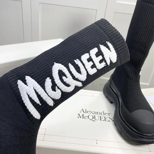 Alexander McQueen Black White Knit Sock-Top Logo-Integrated Knee Boots 3