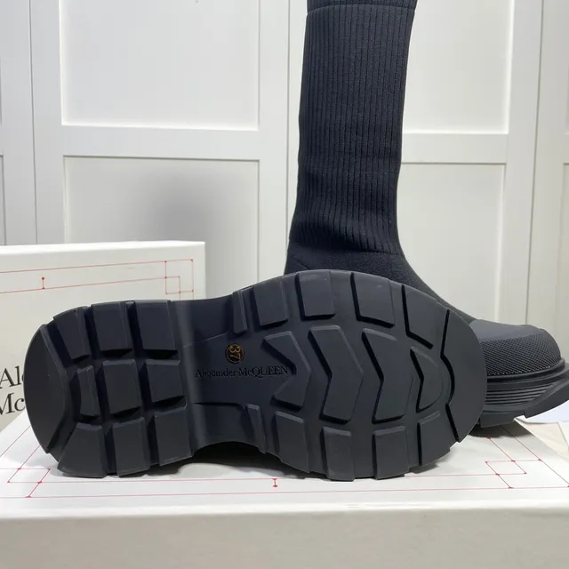 Alexander McQueen Black White Knit Sock-Top Logo-Integrated Knee Boots 4