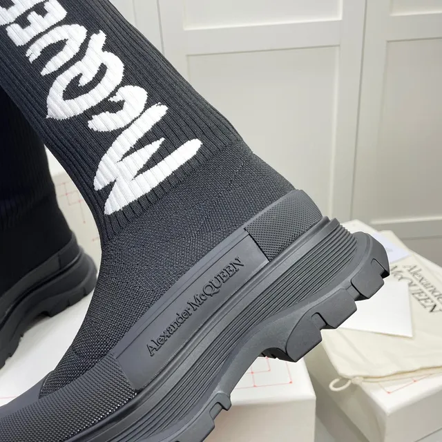 Alexander McQueen Black White Knit Sock-Top Logo-Integrated Knee Boots 5
