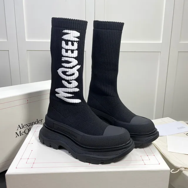 Alexander McQueen Black White Knit Sock-Top Logo-Integrated Knee Boots 6