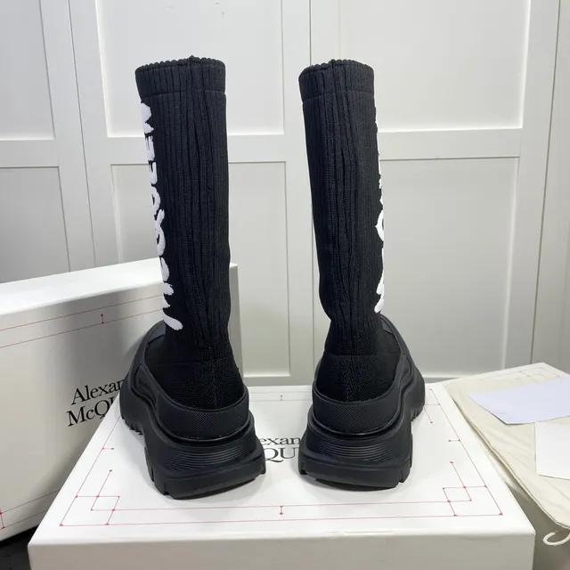 Alexander McQueen Black White Knit Sock-Top Logo-Integrated Knee Boots 7