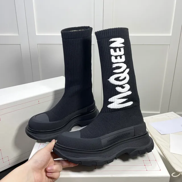 Alexander McQueen Black White Knit Sock-Top Logo-Integrated Knee Boots 8