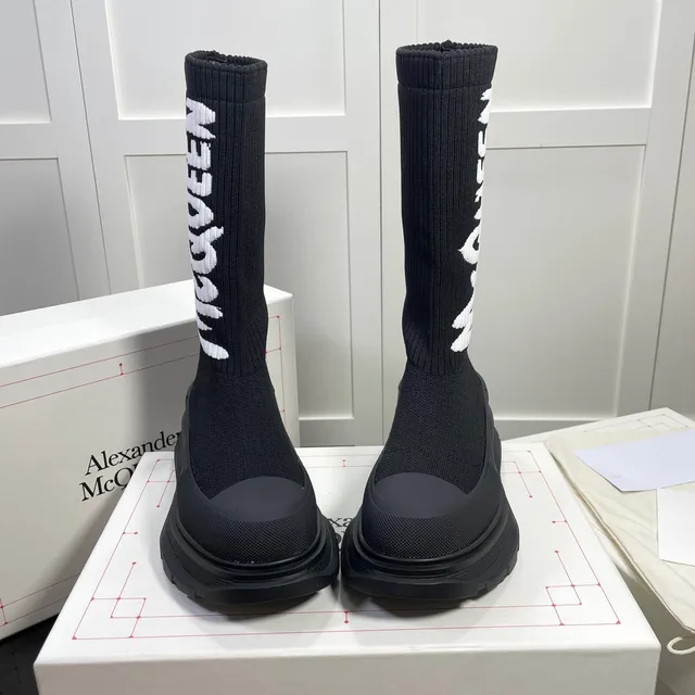 Alexander McQueen Black White Knit Sock-Top Logo-Integrated Knee Boots 9