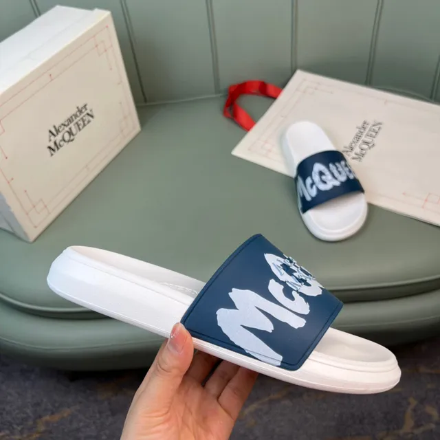 Alexander McQueen Logo Slide White and Navy Slippers 4