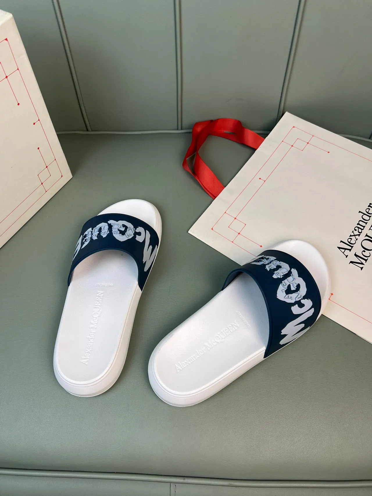 Alexander McQueen Logo Slide White and Navy Slippers 5