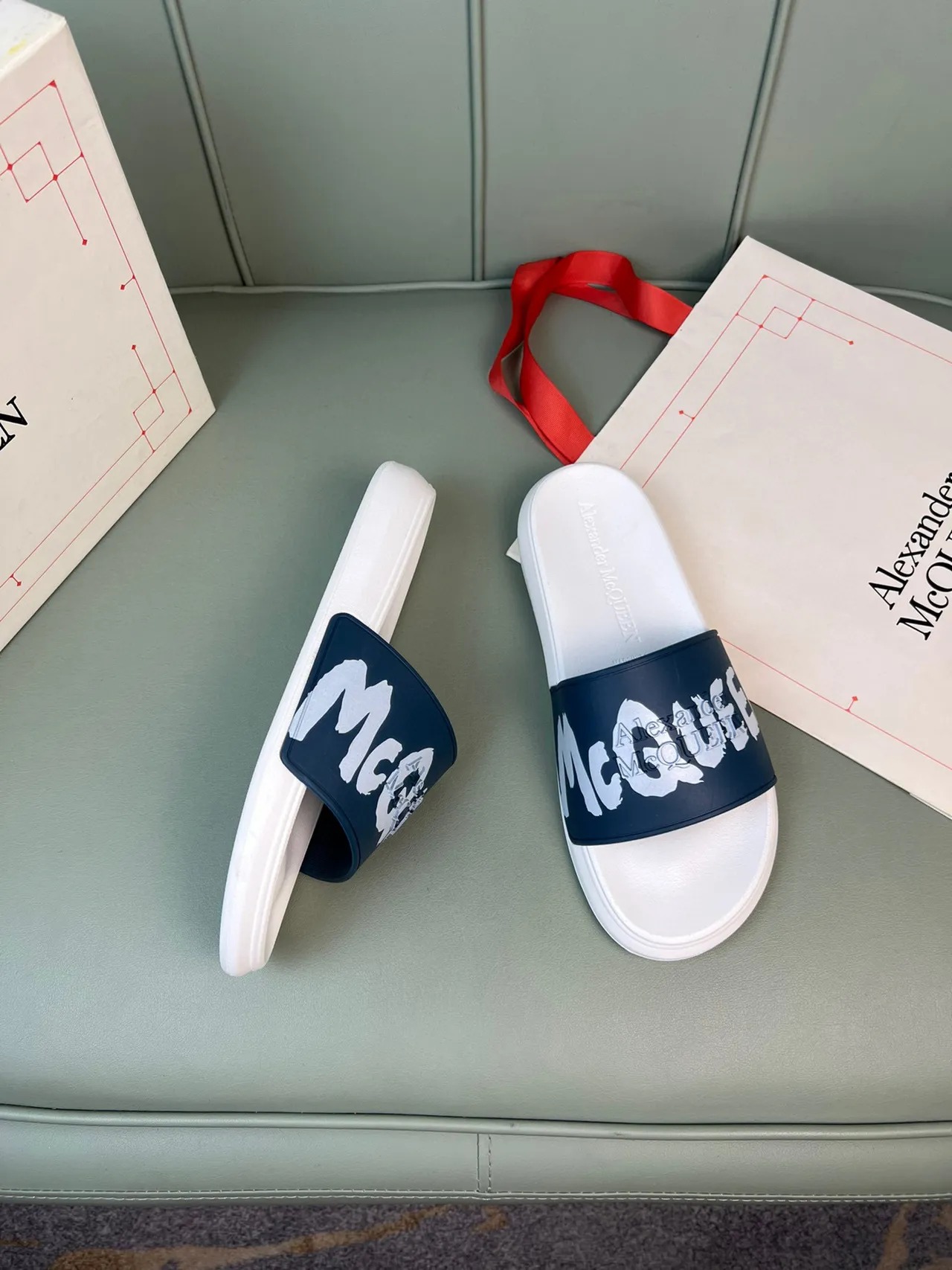 Alexander McQueen Logo Slide White and Navy Slippers 6