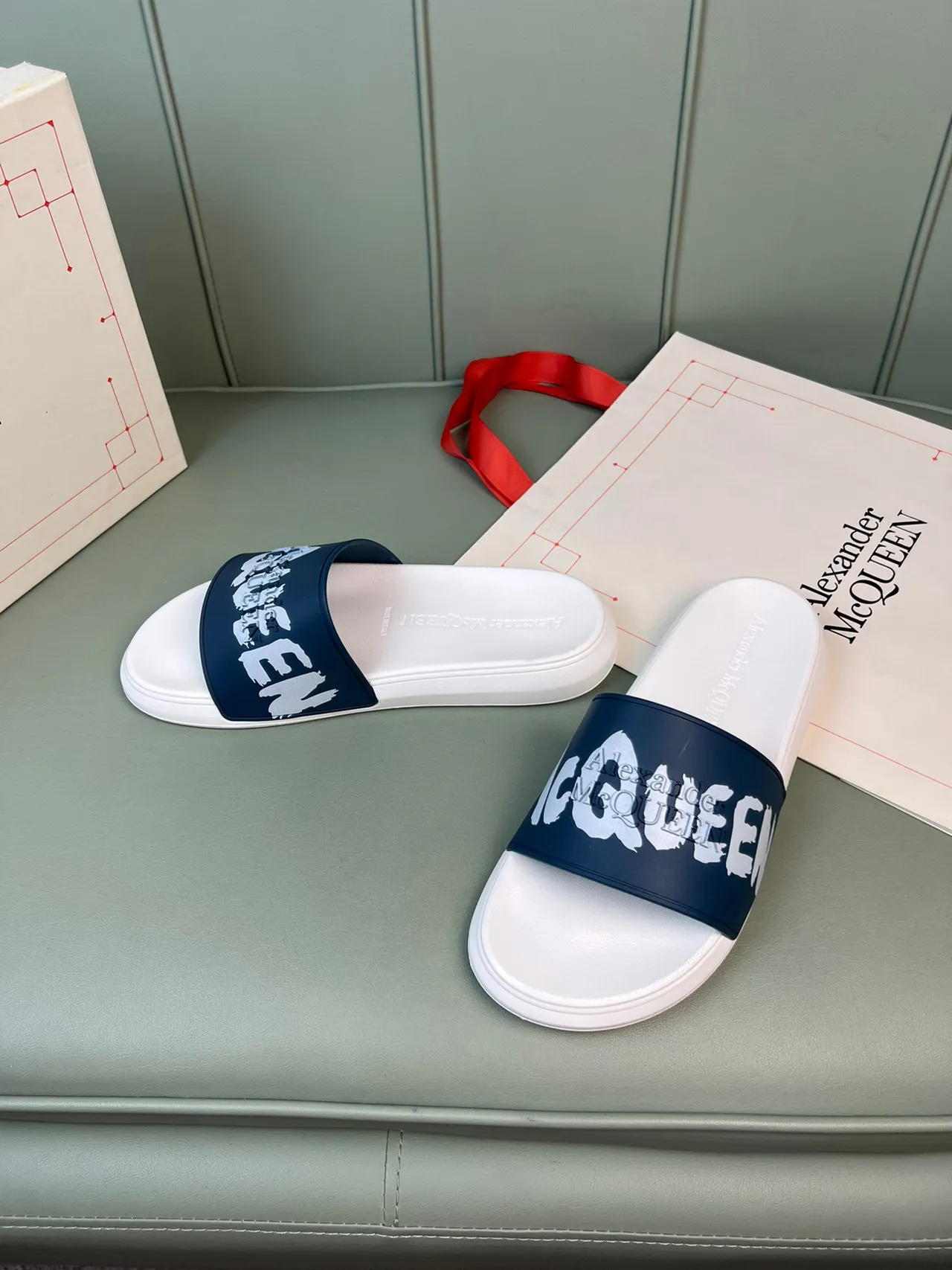 Alexander McQueen Logo Slide White and Navy Slippers 8