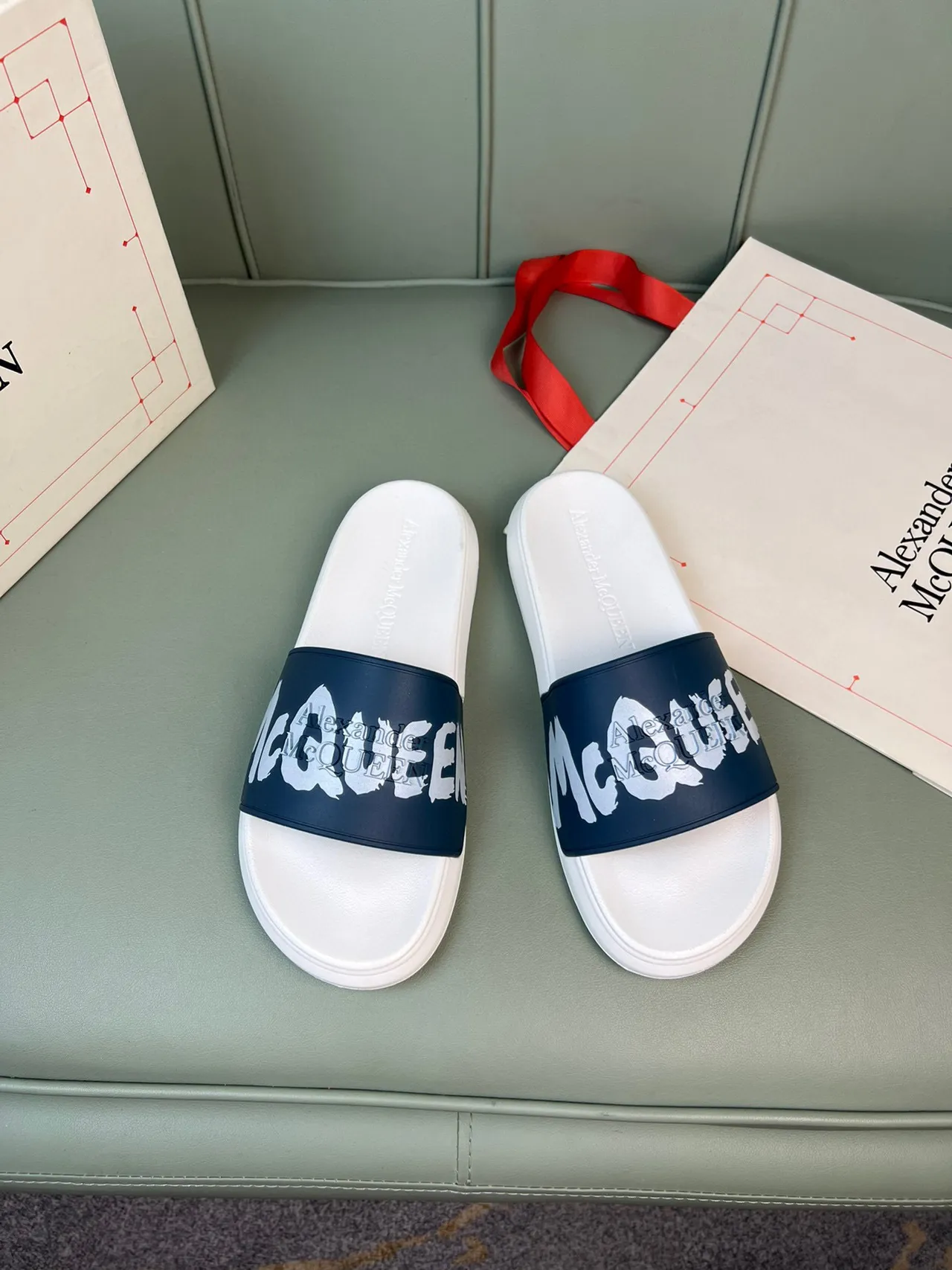 Alexander McQueen Logo Slide White and Navy Slippers 9
