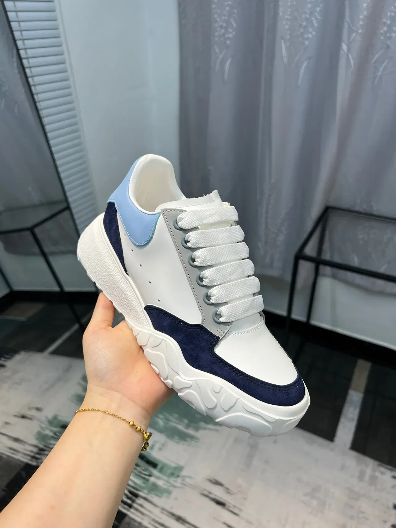 Alexander McQueen Oversized Sneaker White Navy Light Blue Chunky Sneakers 6