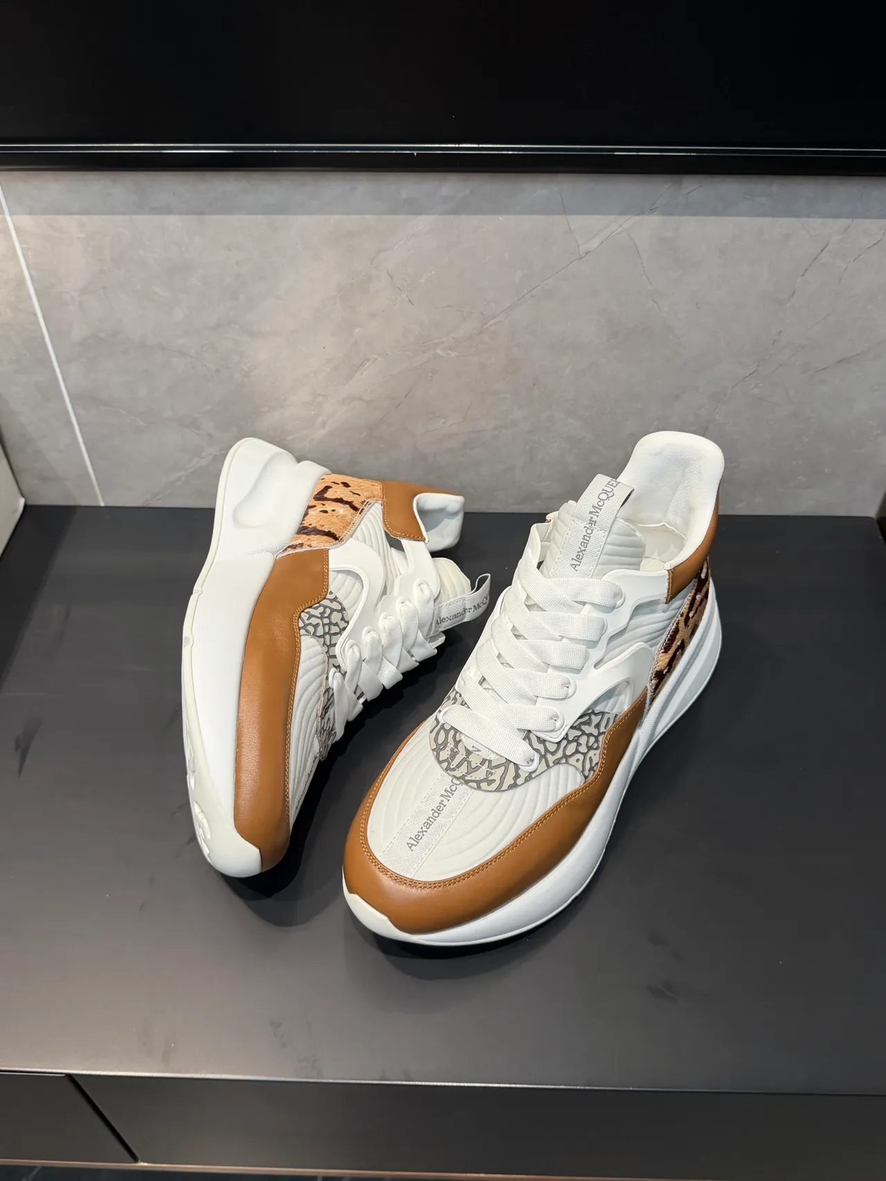 Alexander McQueen Oversized Sneaker White Tan Cowhide Chunky Sneakers 3