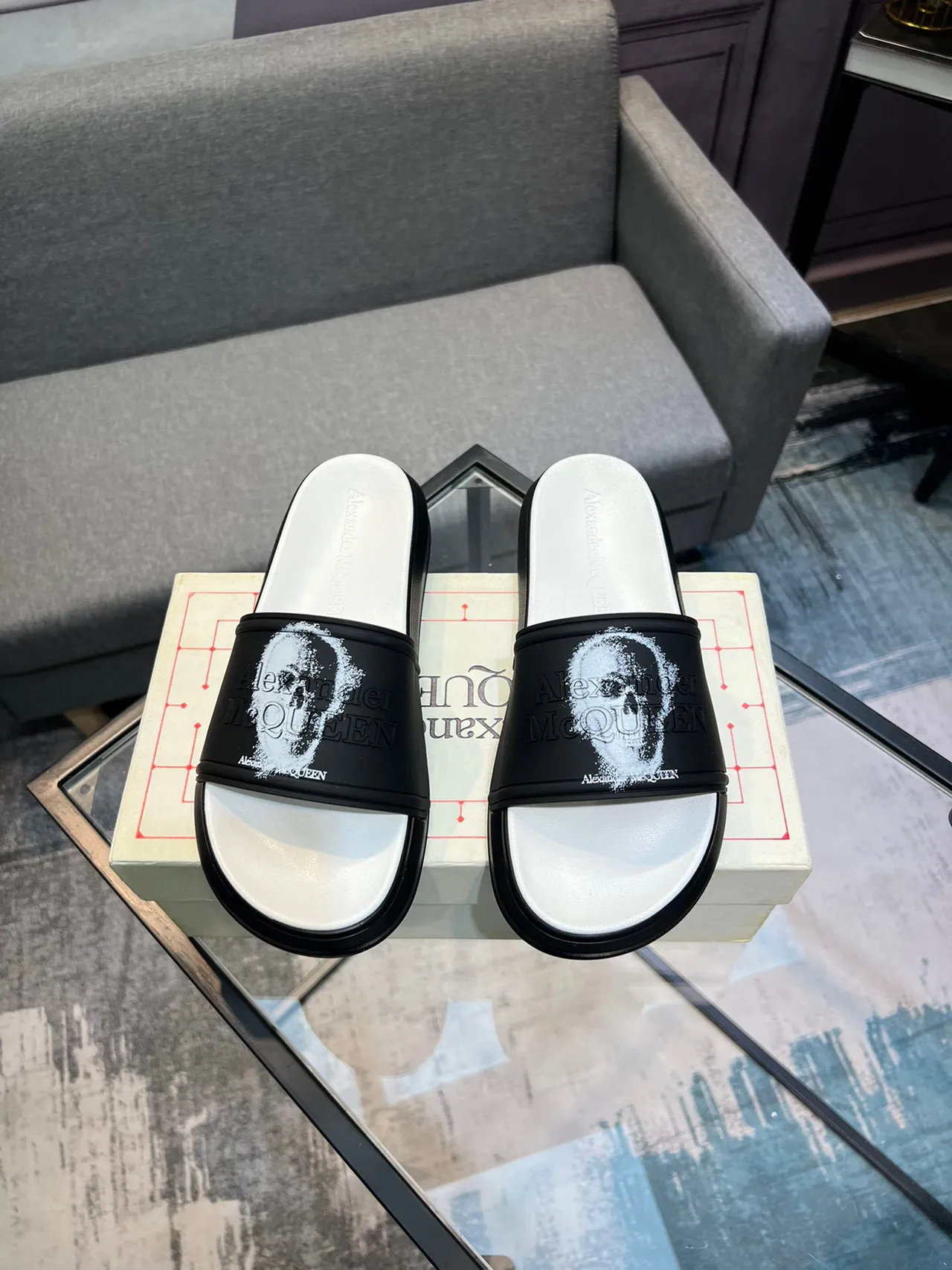 Alexander McQueen Slide Black White Chunky Sole Embossed Logo Strap Slippers 2