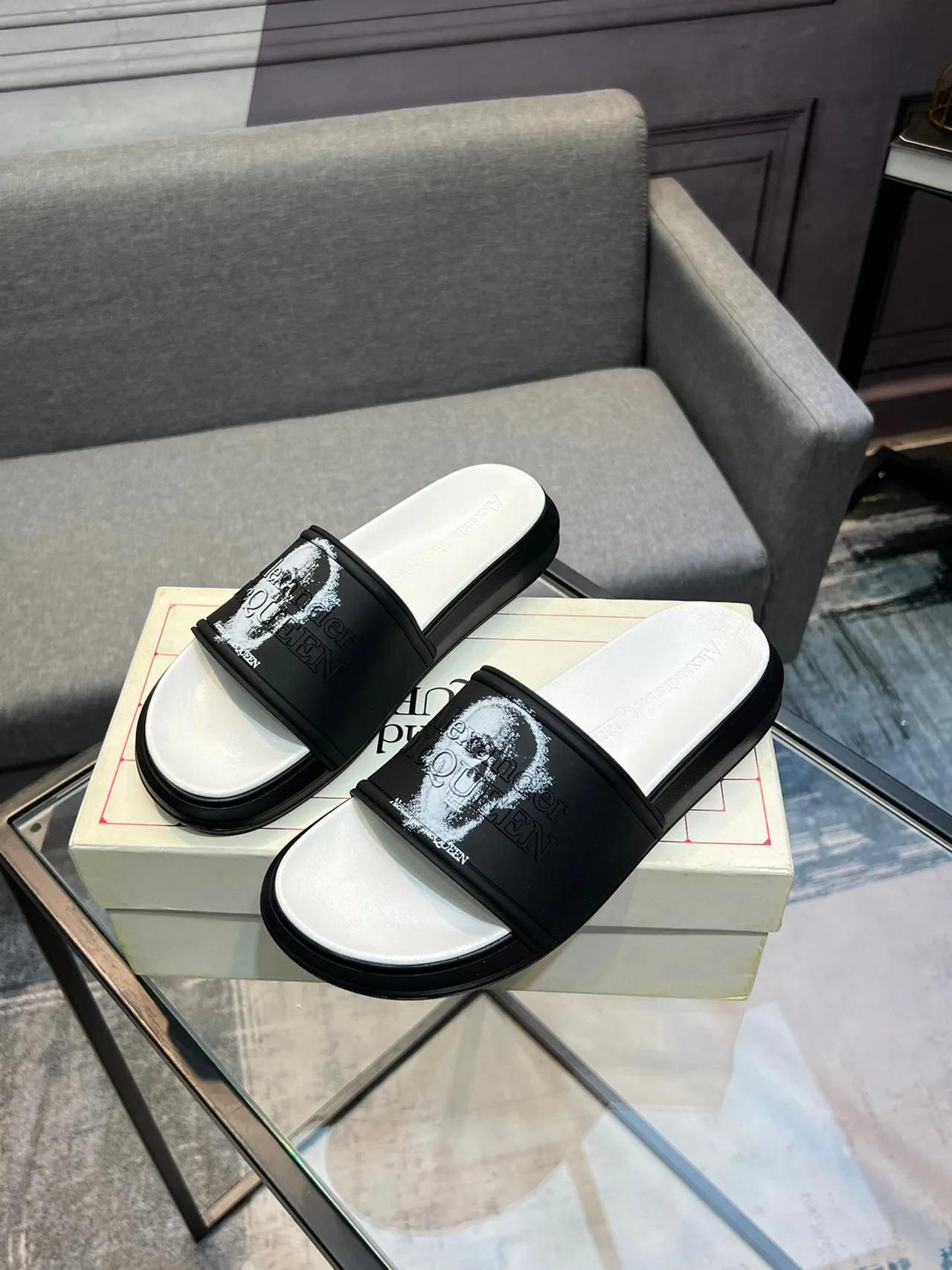Alexander McQueen Slide Black White Chunky Sole Embossed Logo Strap Slippers 3