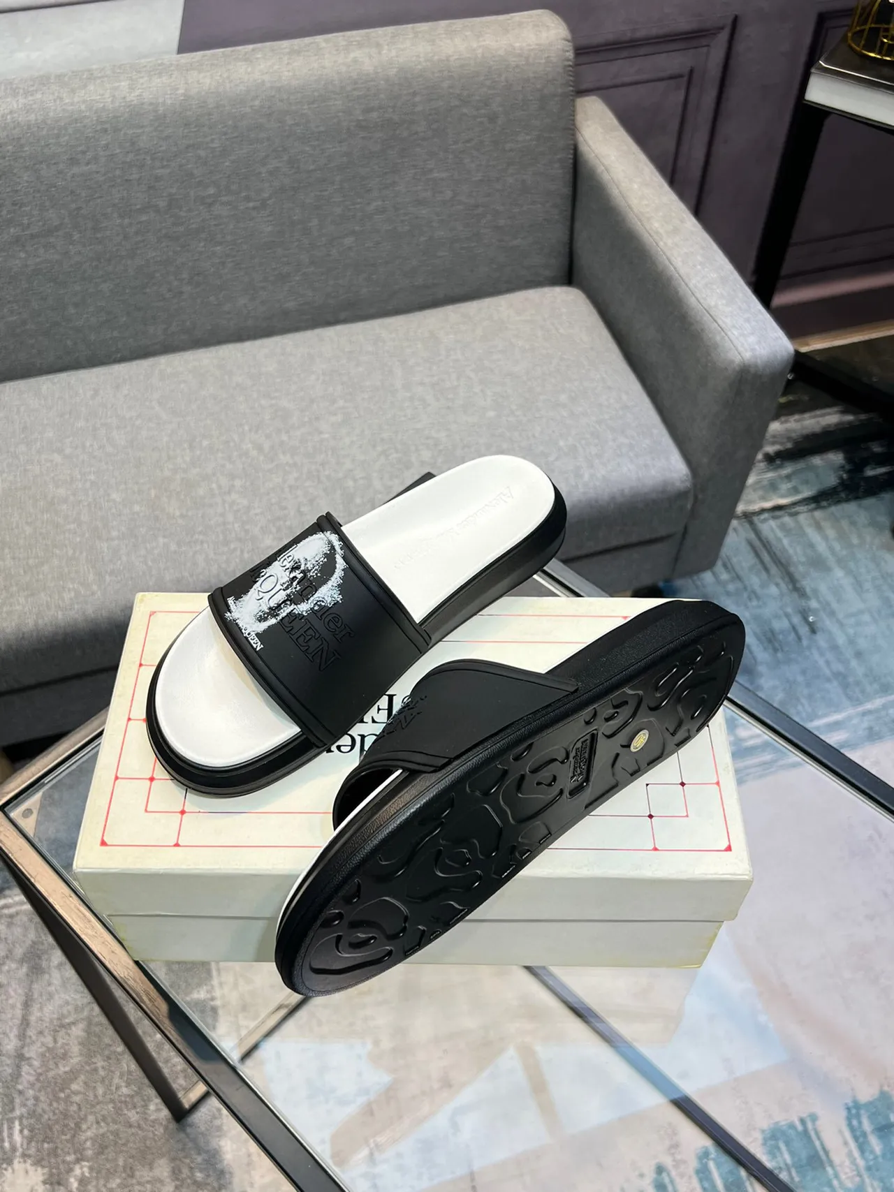 Alexander McQueen Slide Black White Chunky Sole Embossed Logo Strap Slippers 4