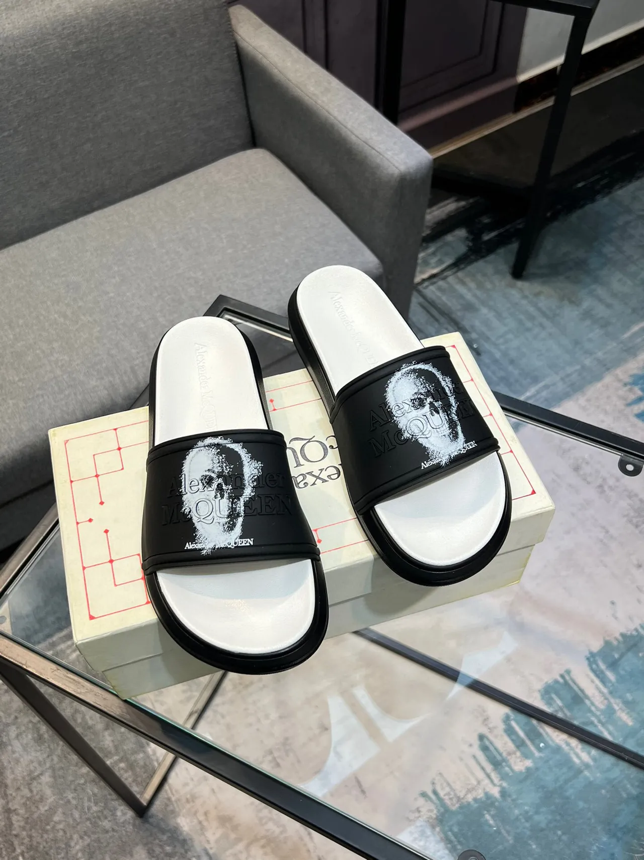 Alexander McQueen Slide Black White Chunky Sole Embossed Logo Strap Slippers 5