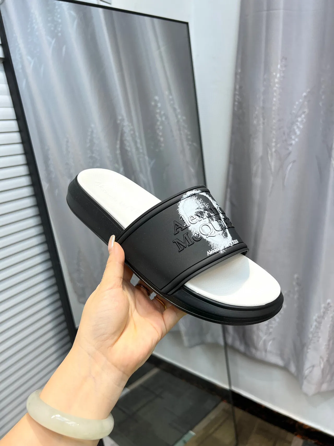 Alexander McQueen Slide Black White Chunky Sole Embossed Logo Strap Slippers 6