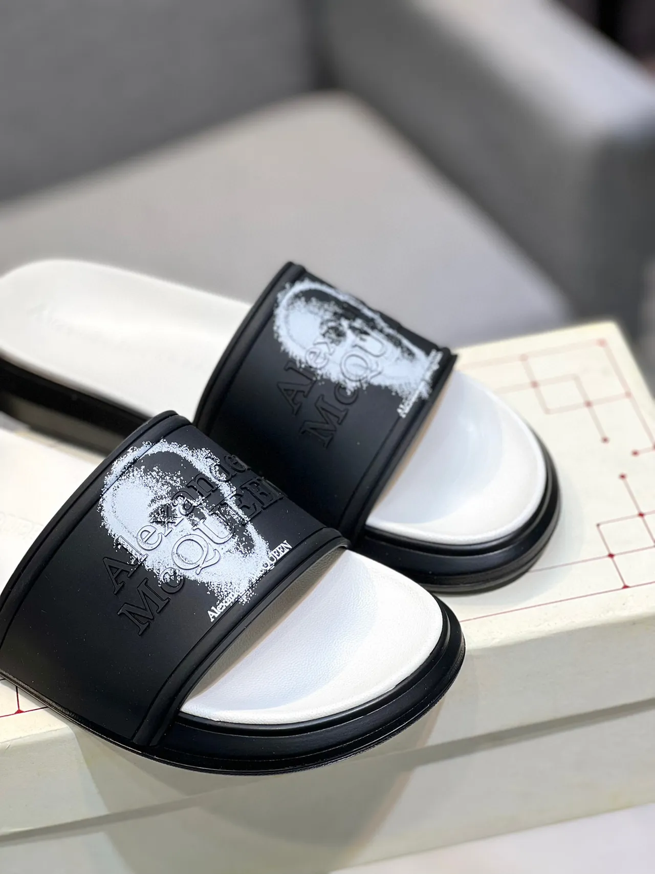 Alexander McQueen Slide Black White Chunky Sole Embossed Logo Strap Slippers 9