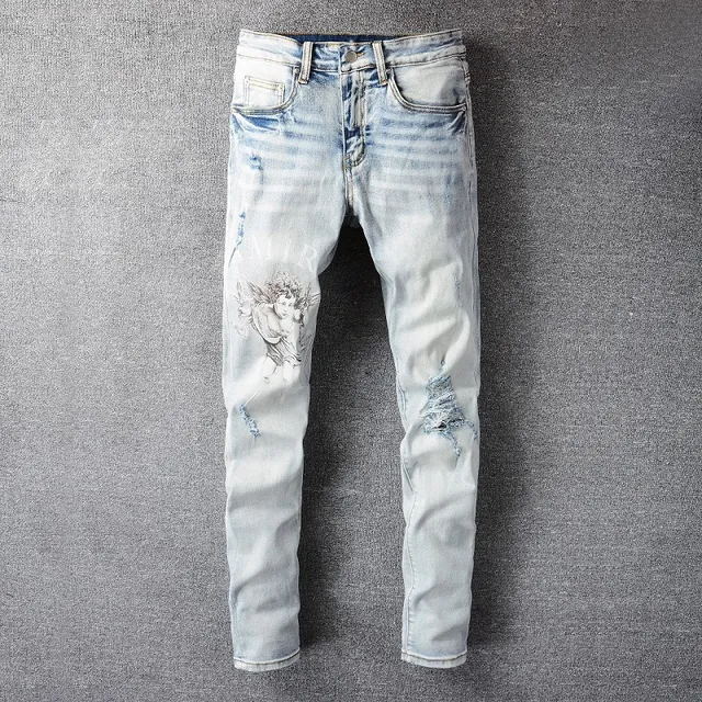 Amiri Blue White Distressed Graphic-Print Jeans 6