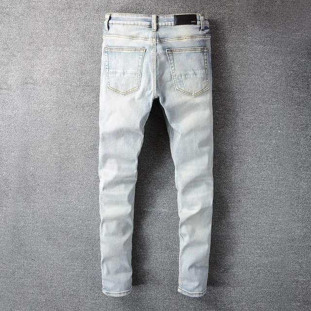 Amiri Blue White Distressed Graphic-Print Jeans 12