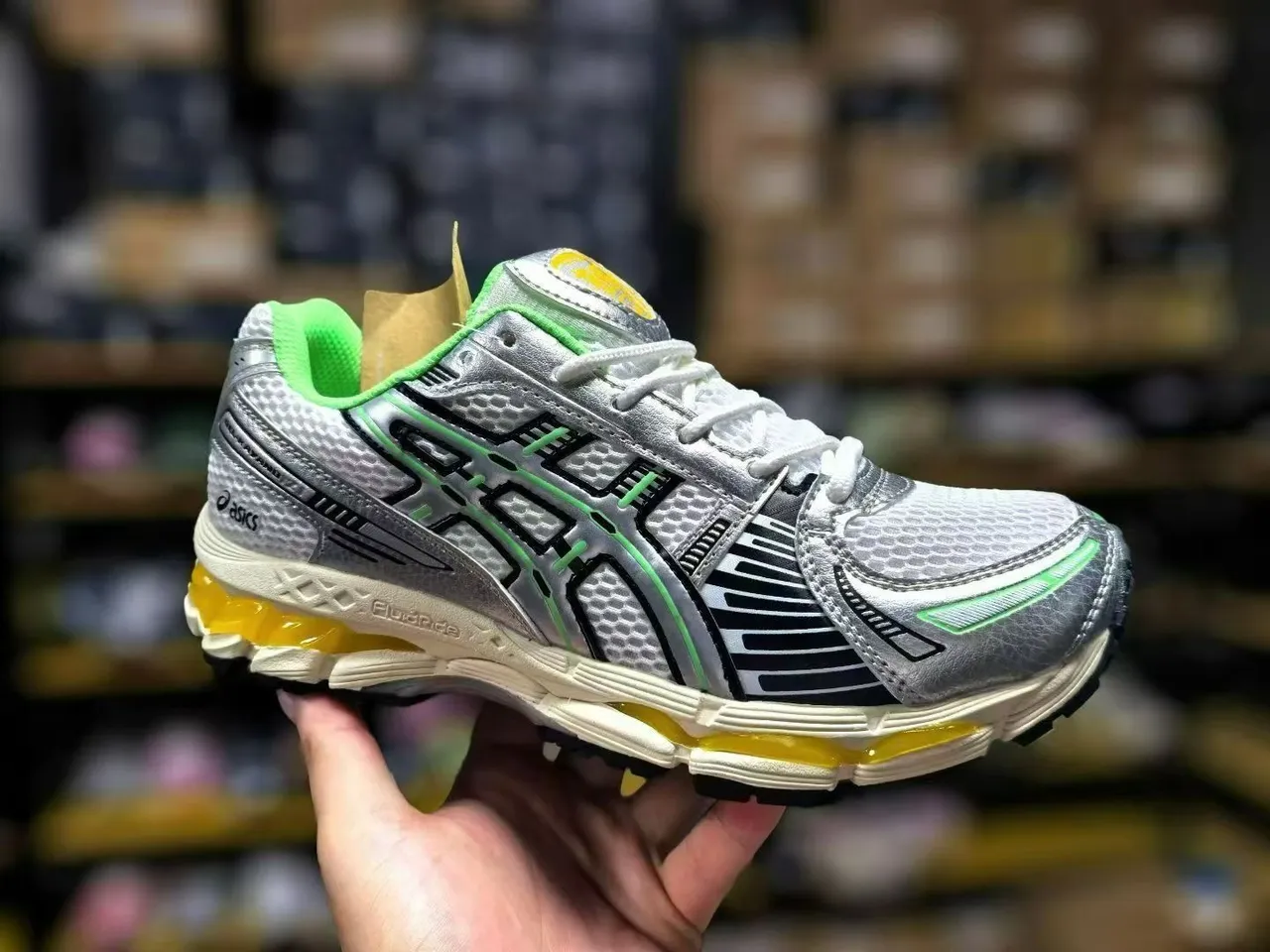 ASICS Gel-Kayano White Silver Lime Green Running Shoes 2