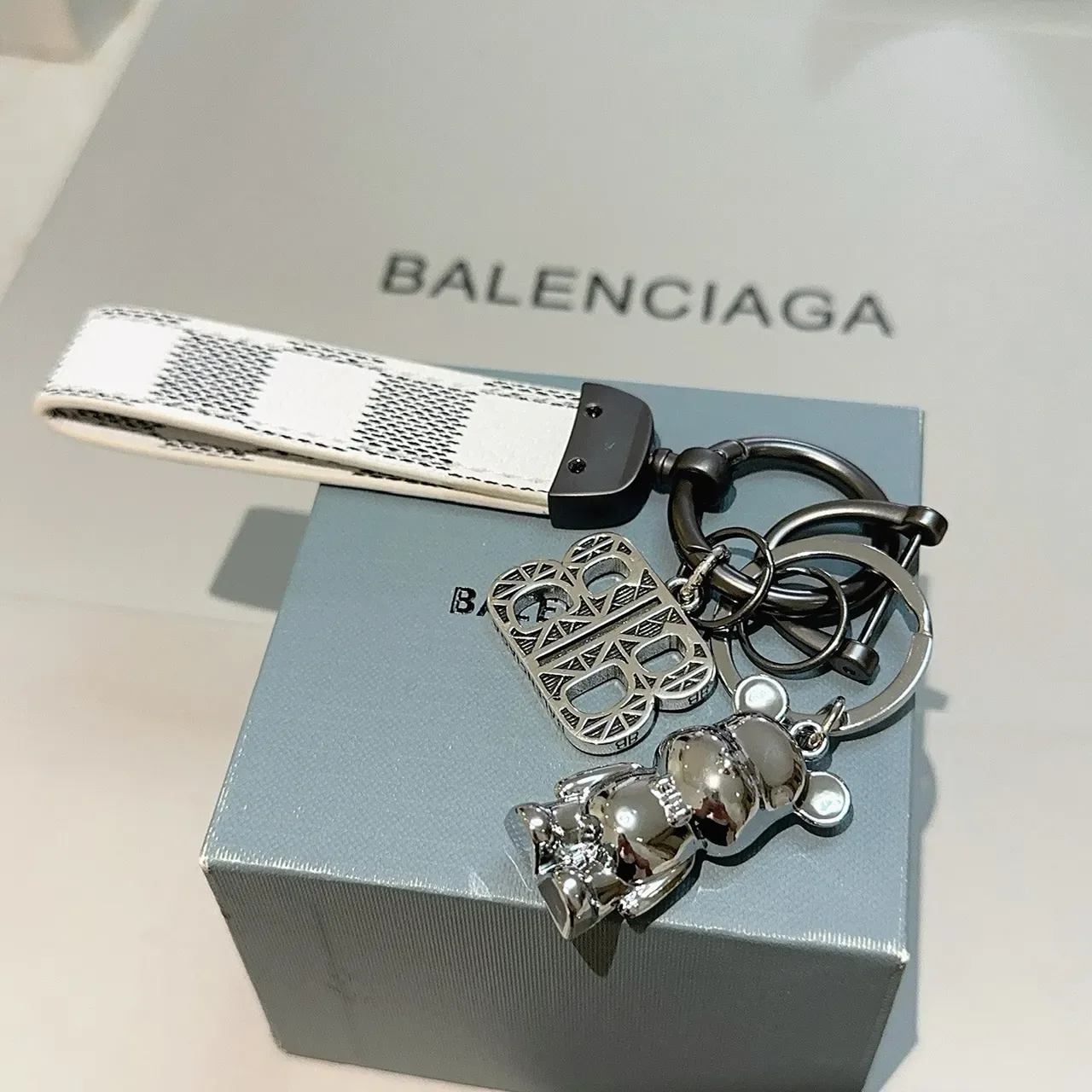 Balenciaga BB Keychain White Silver Check-Pattern Leather Strap Metal Charms Bracelet 2