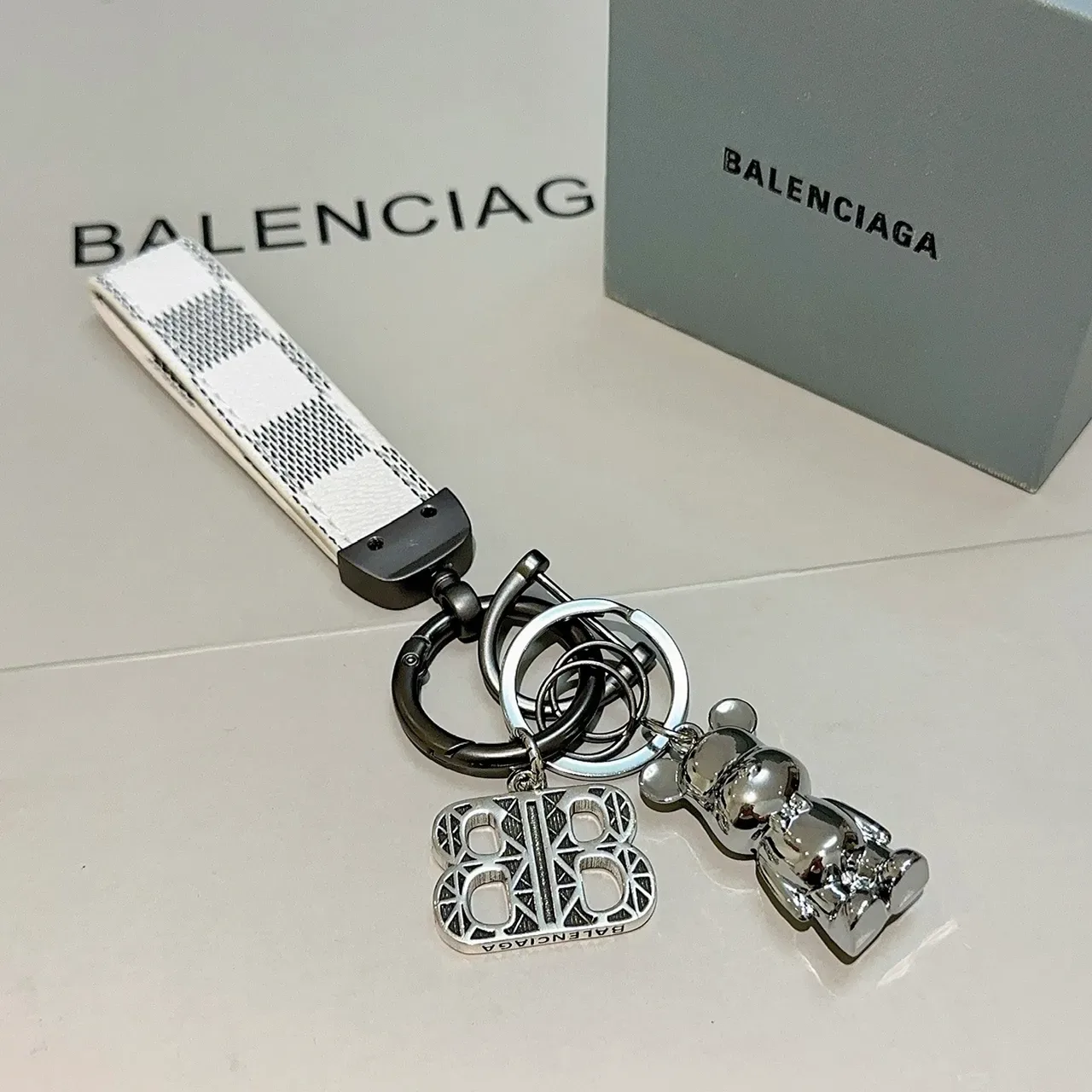 Balenciaga BB Keychain White Silver Check-Pattern Leather Strap Metal Charms Bracelet 3