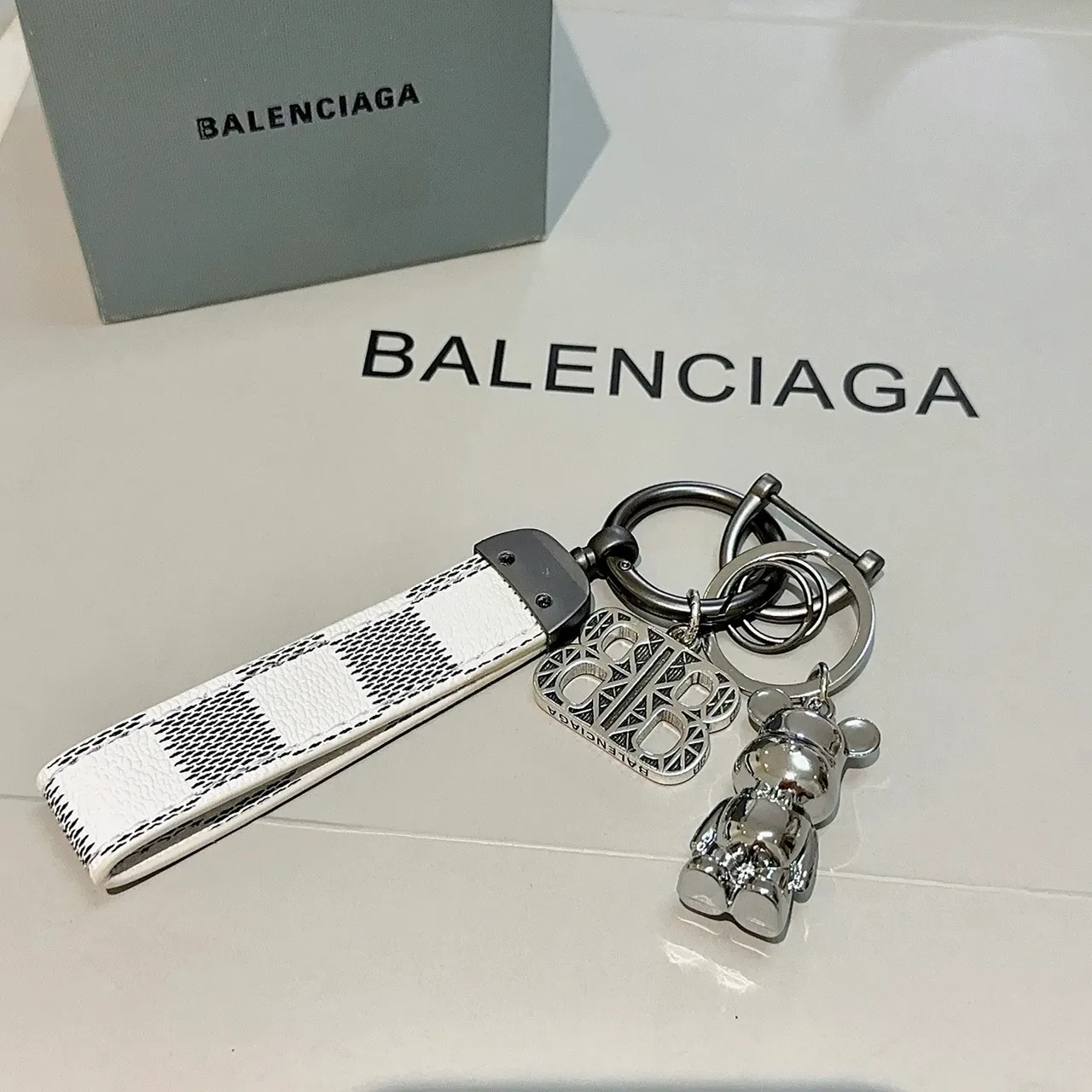 Balenciaga BB Keychain White Silver Check-Pattern Leather Strap Metal Charms Bracelet 4