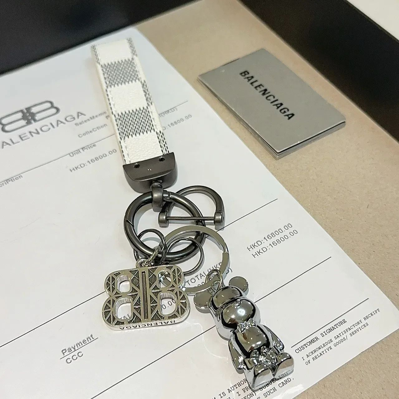 Balenciaga BB Keychain White Silver Check-Pattern Leather Strap Metal Charms Bracelet 5