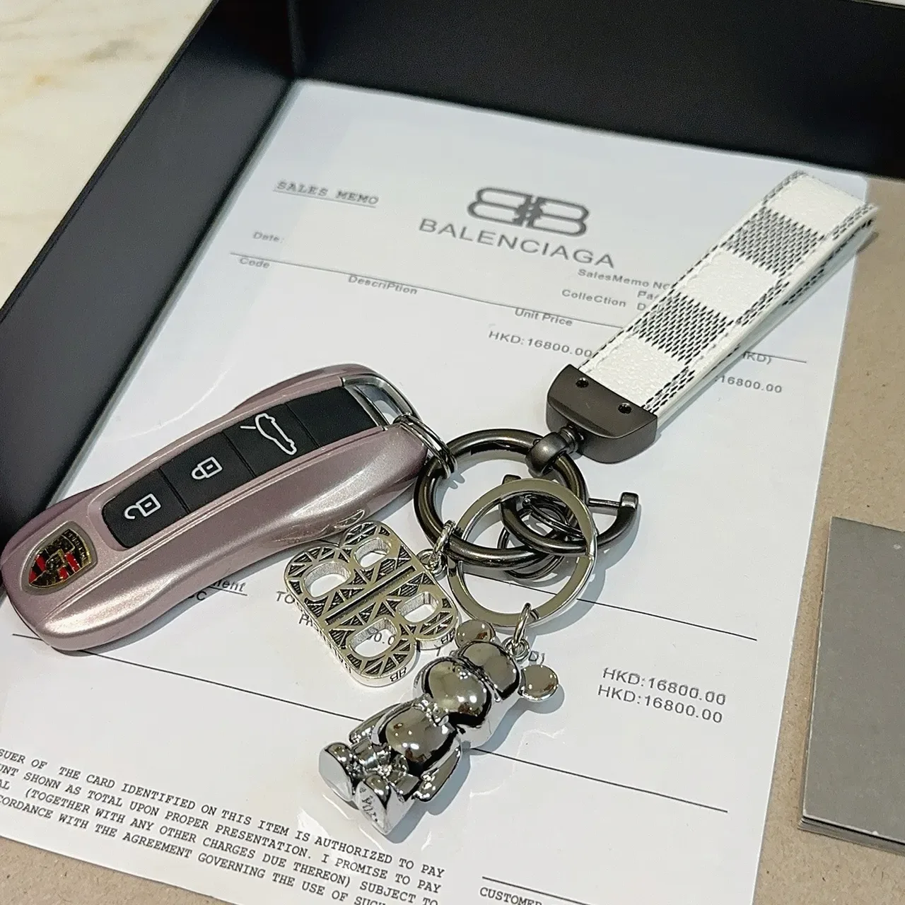 Balenciaga BB Keychain White Silver Check-Pattern Leather Strap Metal Charms Bracelet 6