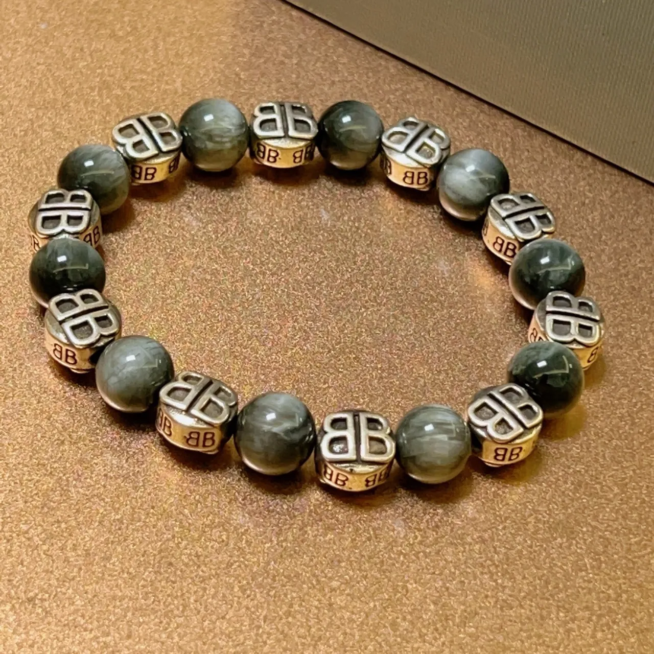 Balenciaga BB Logo Bracelet إسورة رمادي فضي مرصعة حجر ماربل 3