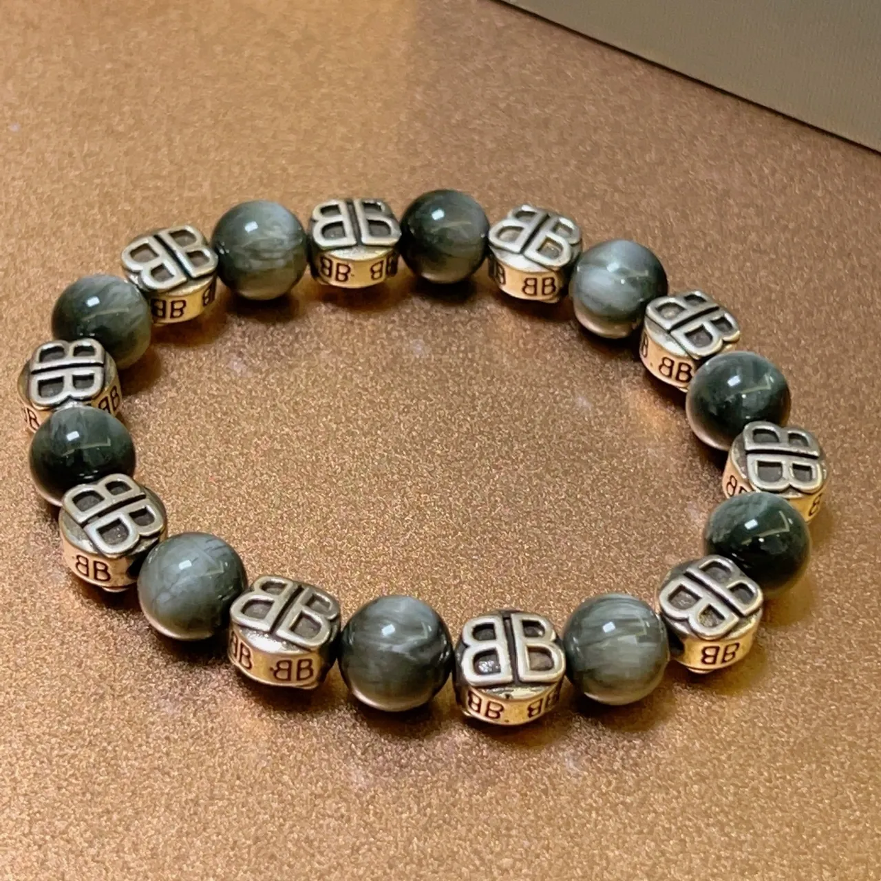 Balenciaga BB Logo Bracelet إسورة رمادي فضي مرصعة حجر ماربل 6