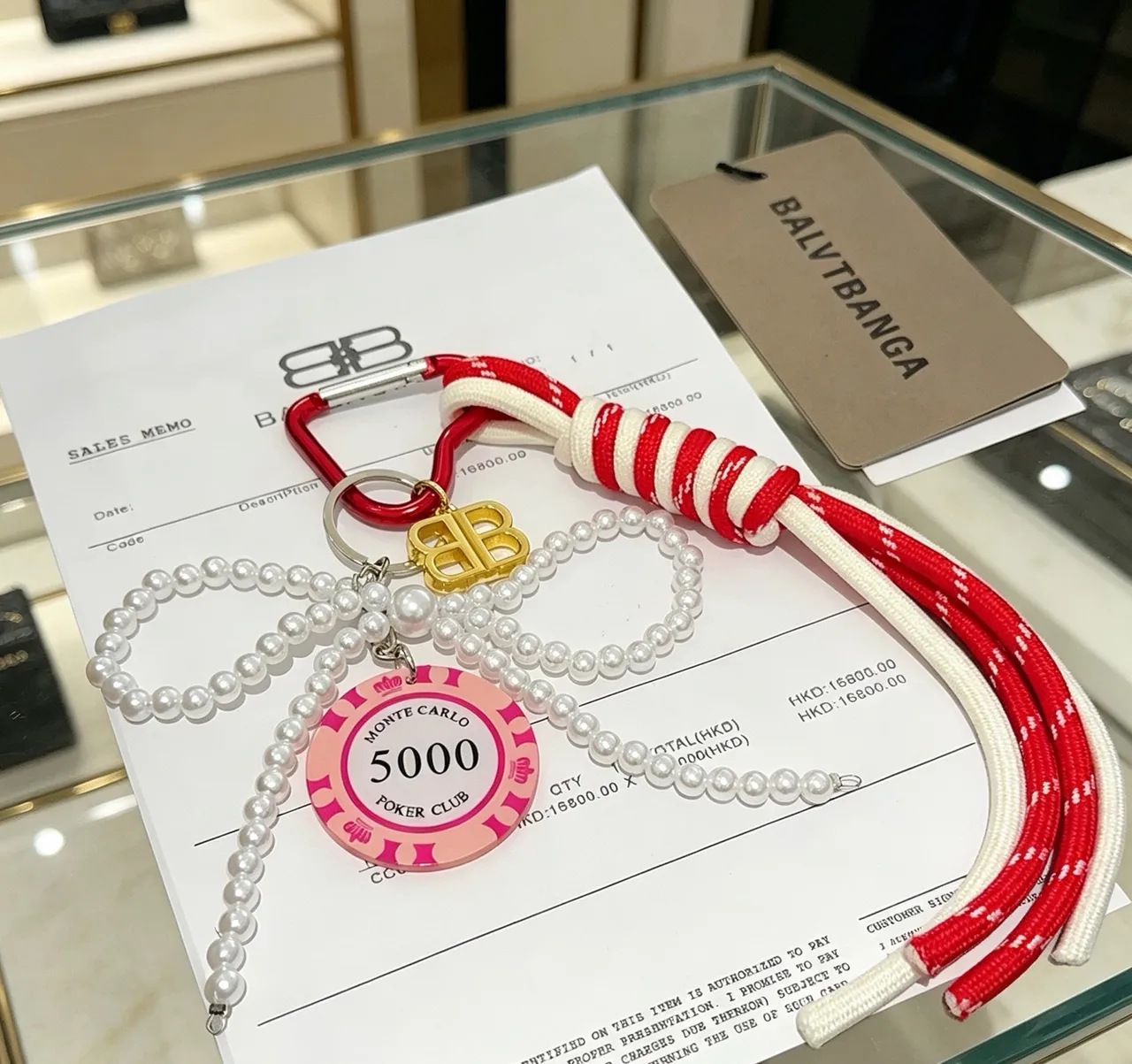 Balenciaga BB Chaveiro Pérola Cinta Vermelho Branco Fita de Corda Pulseira 3