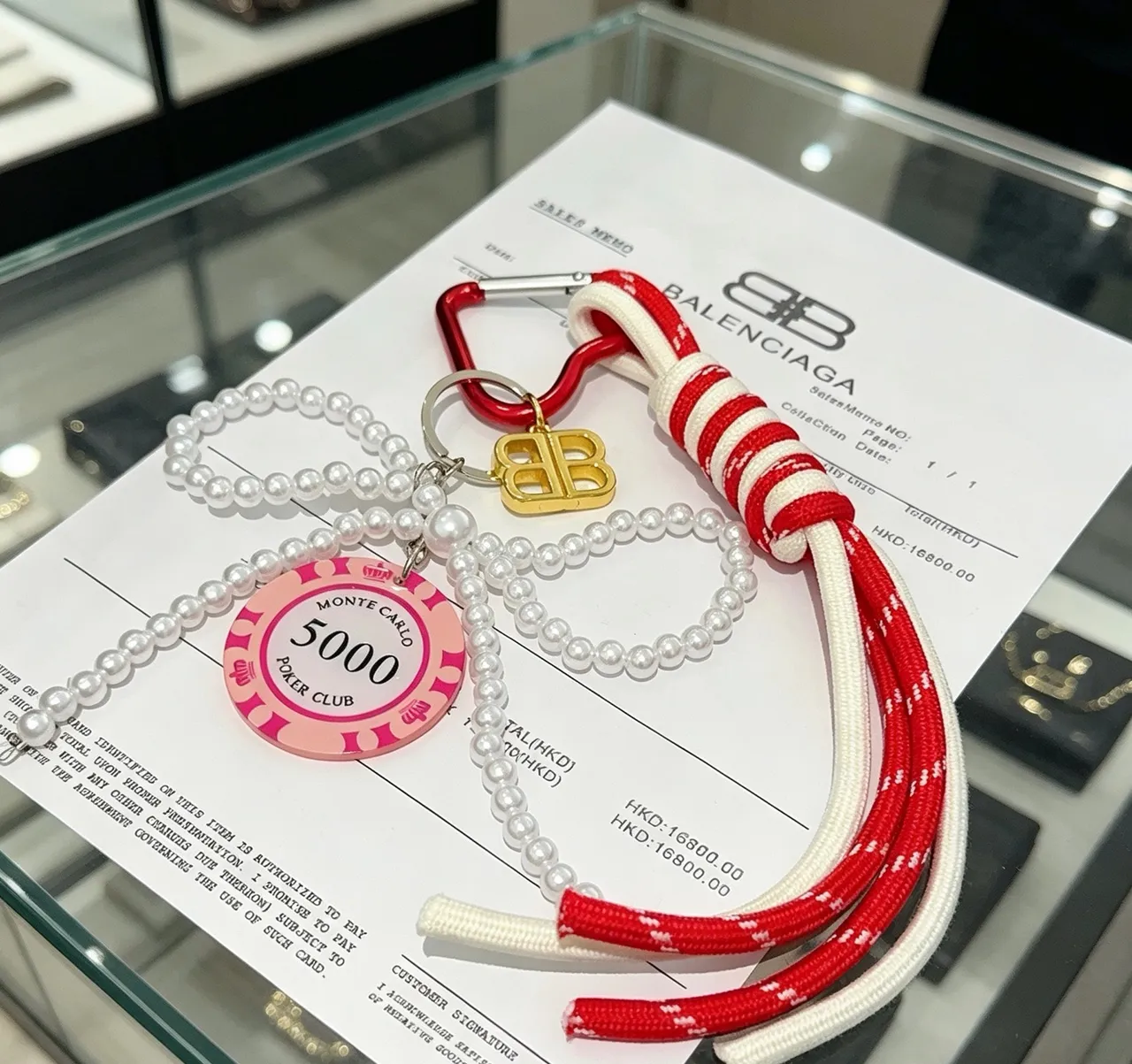 Balenciaga BB Chaveiro Pérola Cinta Vermelho Branco Fita de Corda Pulseira 4