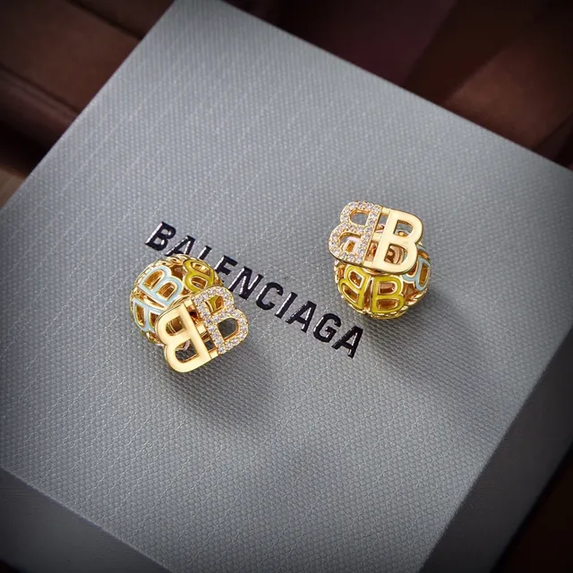 Balenciaga BB Silver Gold Cubic Openwork Monogram Motif Earrings 3