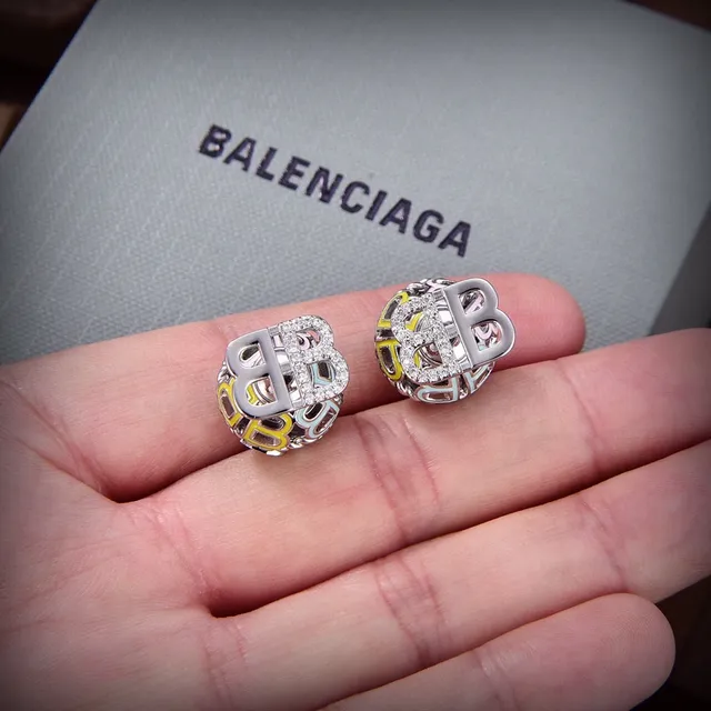Balenciaga BB Silver Gold Cubic Openwork Monogram Motif Earrings 4