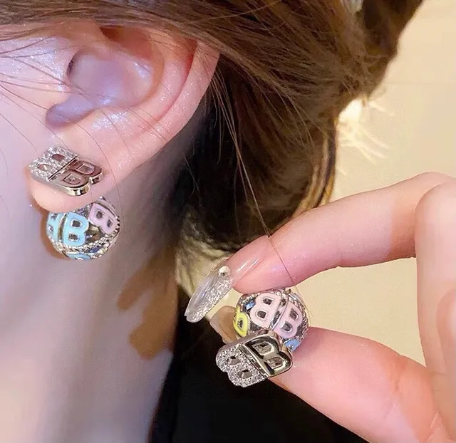 Balenciaga BB Silver Gold Cubic Openwork Monogram Motif Earrings 5